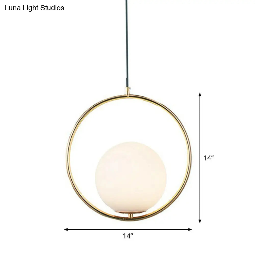 Sleek White Glass Hanging Pendant Light with Brass Metal Ring – Post-Modern Design