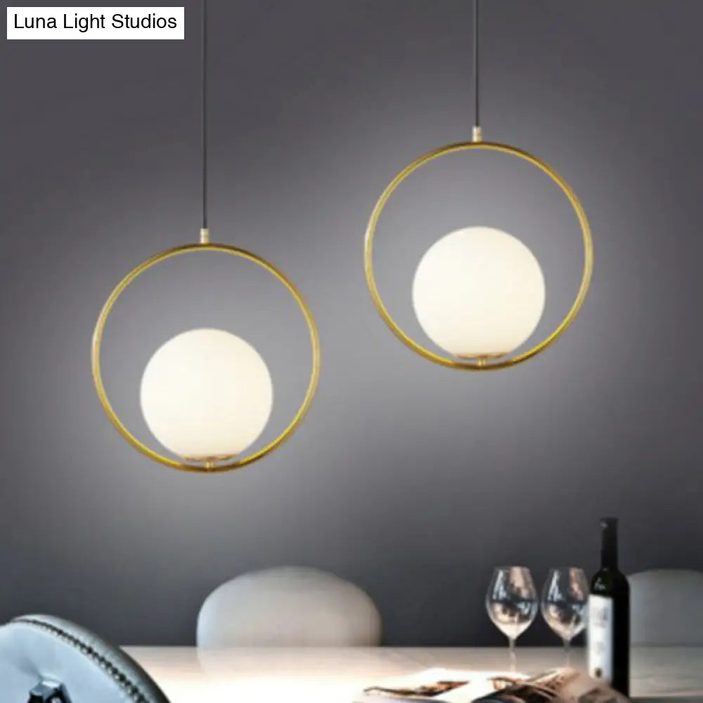 Sleek White Glass Hanging Pendant Light with Brass Metal Ring – Post-Modern Design