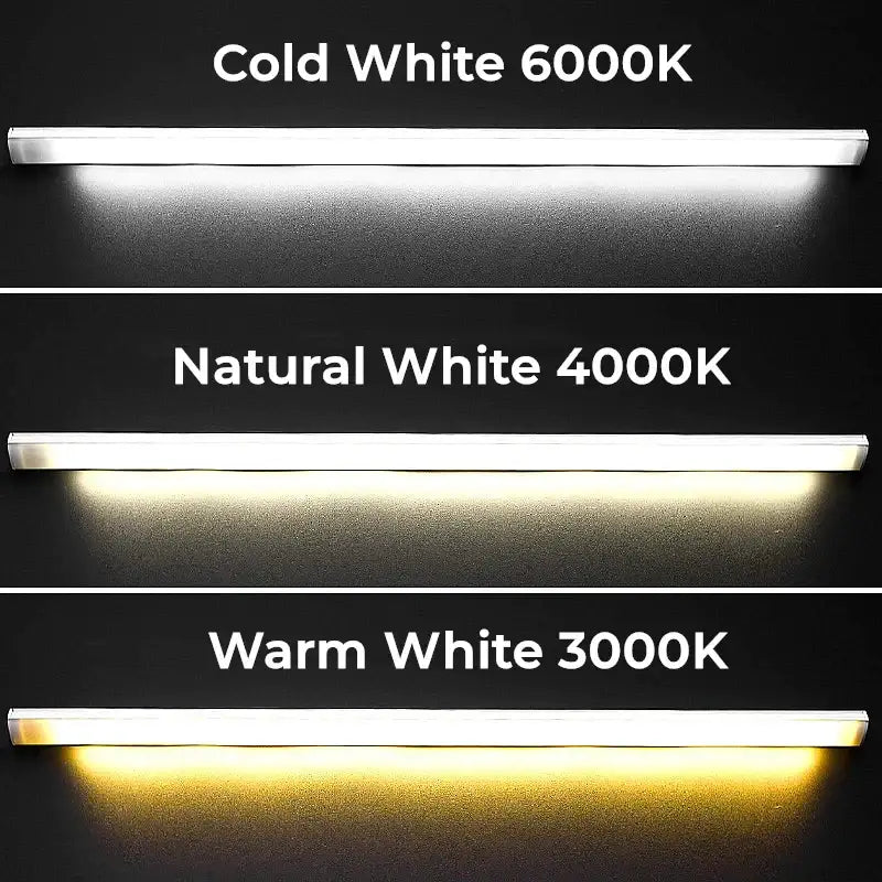 Three slim modern led corner strip lights displaying cold white 6000k natural white 4000k and warm white 3000k