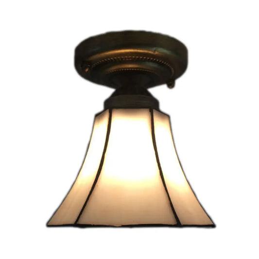 Small Antique Bronze Corridor Bell Ceiling Mount Light with Tiffany White Art Glass – 1 Head Ceiling Lamp