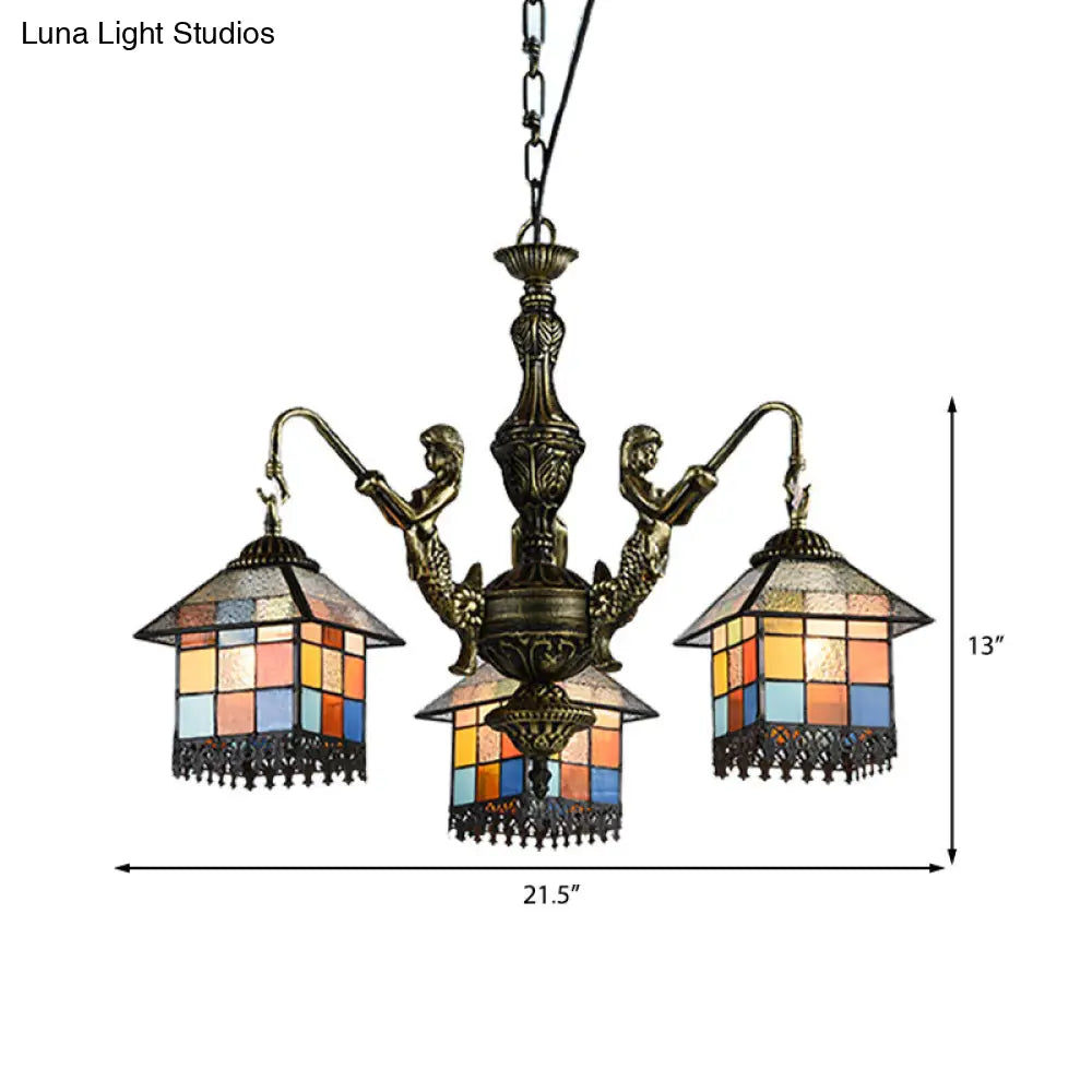 Small House Pendant Chandelier - Stained Glass Tiffany Hanging Fixture with 3 Clear/Blue Lights