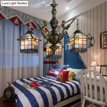 Small House Pendant Chandelier - Stained Glass Tiffany Hanging Fixture with 3 Clear/Blue Lights