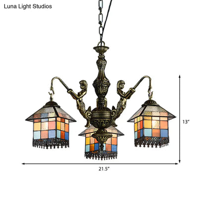 Small House Pendant Chandelier - Stained Glass Tiffany Hanging Fixture with 3 Clear/Blue Lights