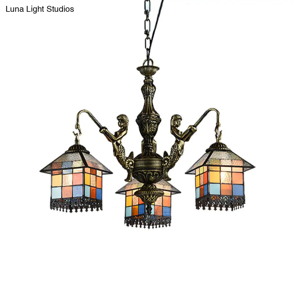 Small House Pendant Chandelier - Stained Glass Tiffany Hanging Fixture with 3 Clear/Blue Lights