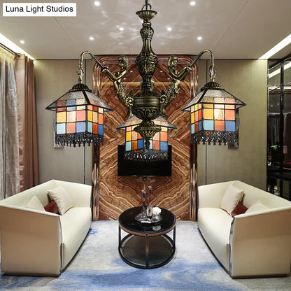 Small House Pendant Chandelier - Stained Glass Tiffany Hanging Fixture with 3 Clear/Blue Lights