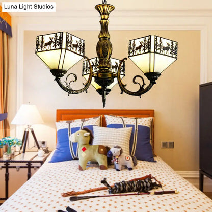 Small House Retro Stained Glass Chandelier with Deer and Tree in White - 3 Lights