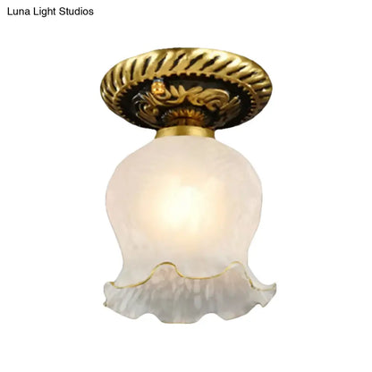 DecorBites™ DecorBites™ Small Rustic Brass Floral Flushmount Ceiling Light for Hallway - Frosted White Glass