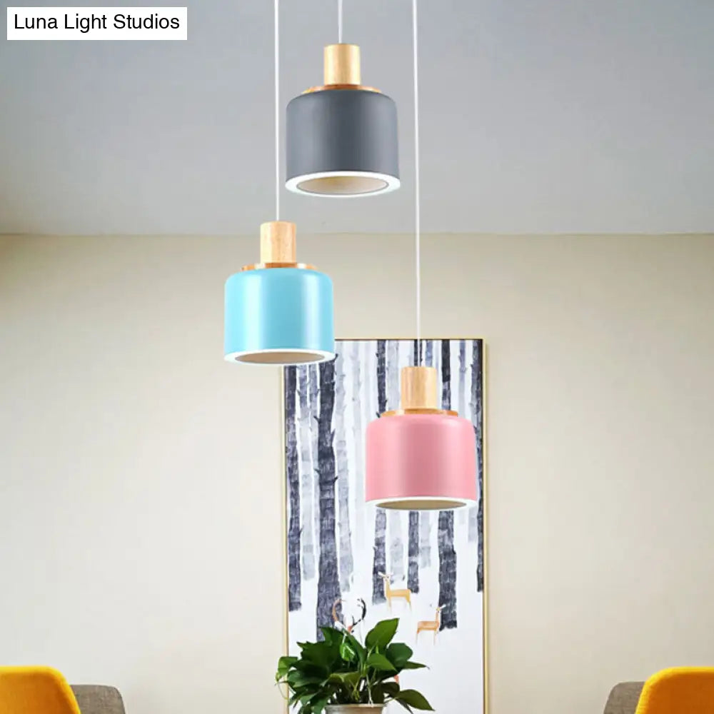 Small White Drum Cluster Pendant Light with 3 Metallic Heads and Wood Top - Minimalist Ceiling Hang Fixture