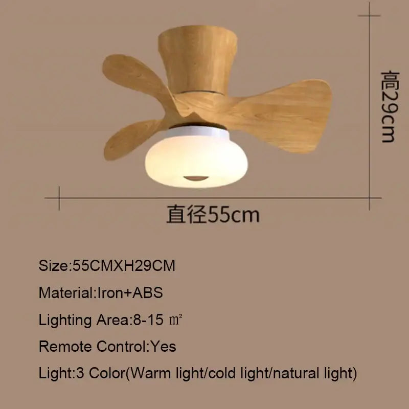 Minimalist wooden smart ceiling fan light with frosted glass, three blades, iron and ABS, app dimming for living room