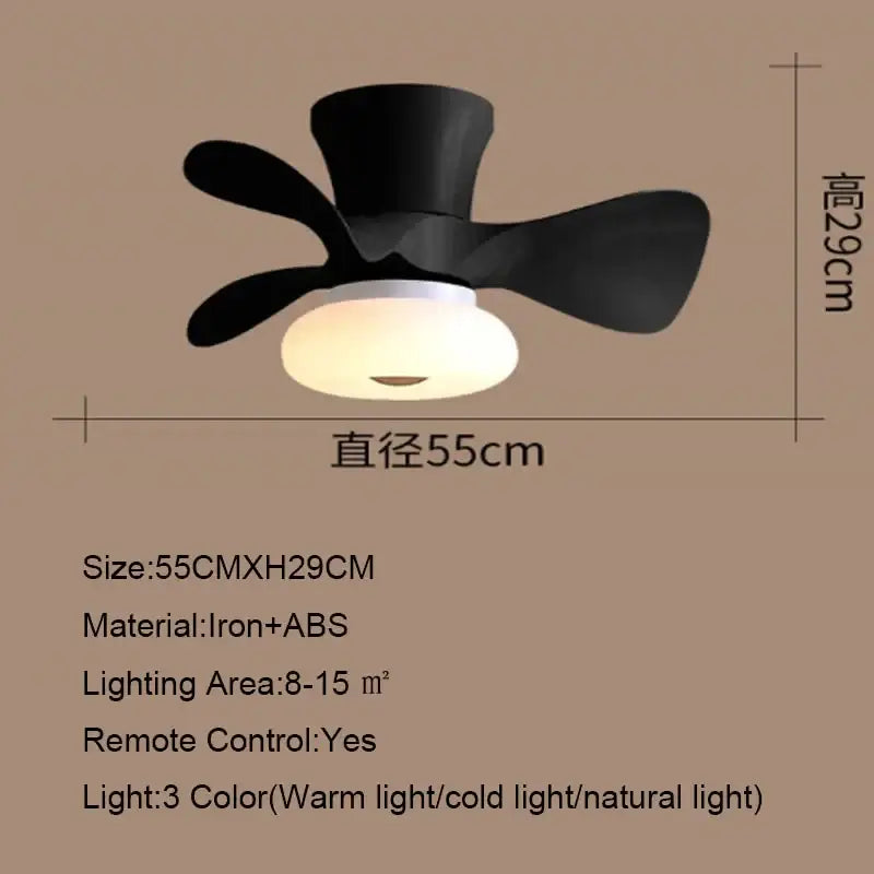 Black smart wood ceiling fan light with three blades and frosted glass fixture for living room dimming app control