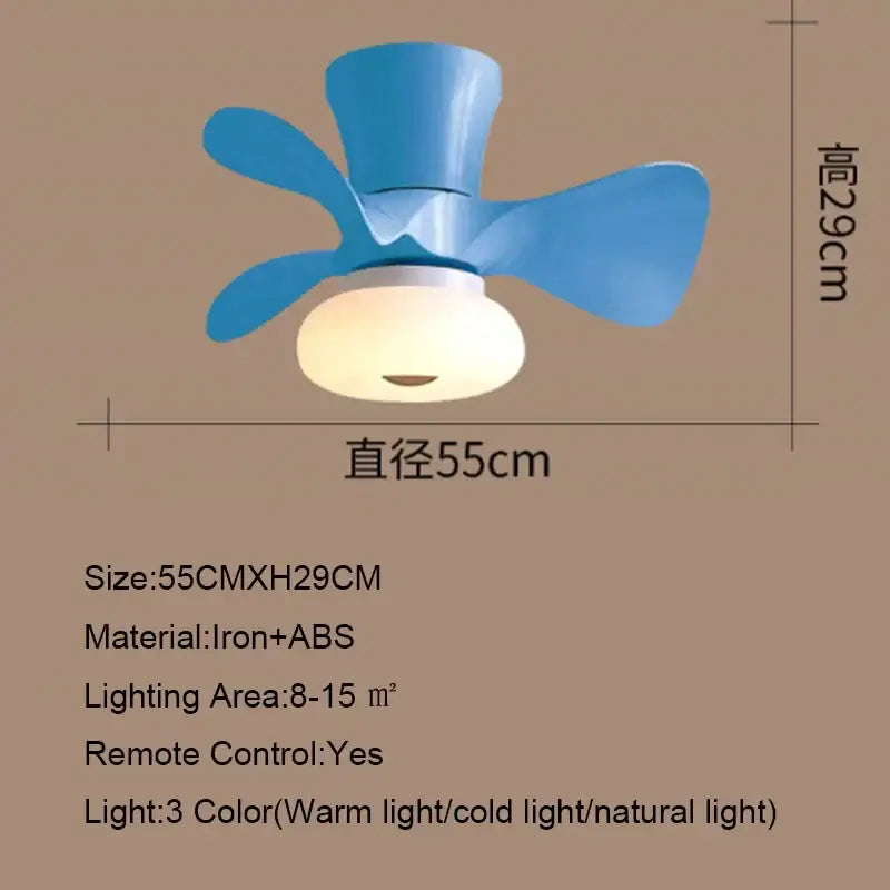 Smart wood ceiling fan light in blue with white light fixture made of iron and abs plastic for living room fan light