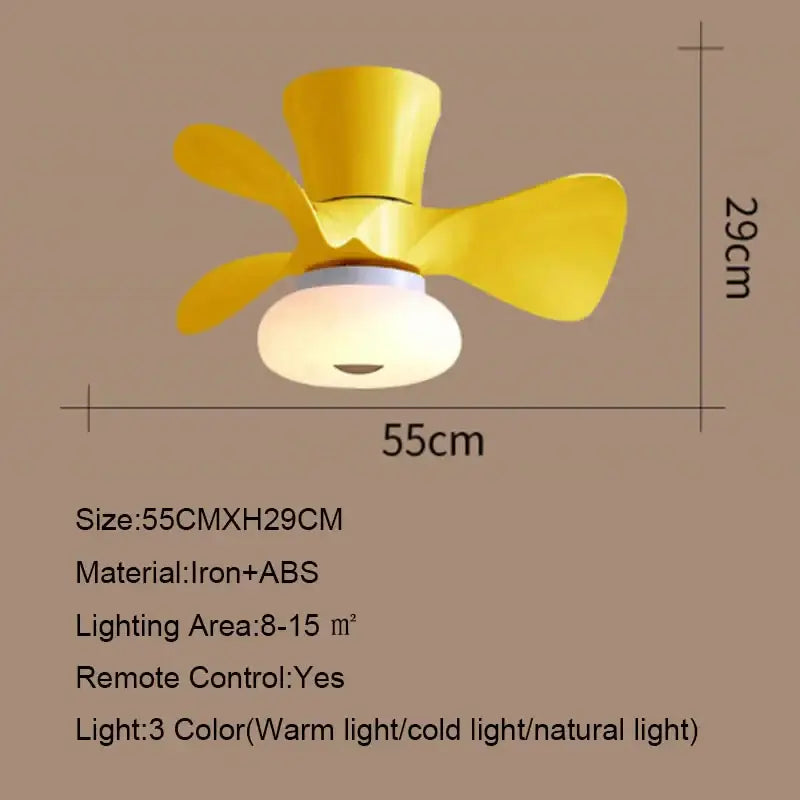 Bright yellow smart wood ceiling fan light with app dimming made of iron and abs plastic for living room use