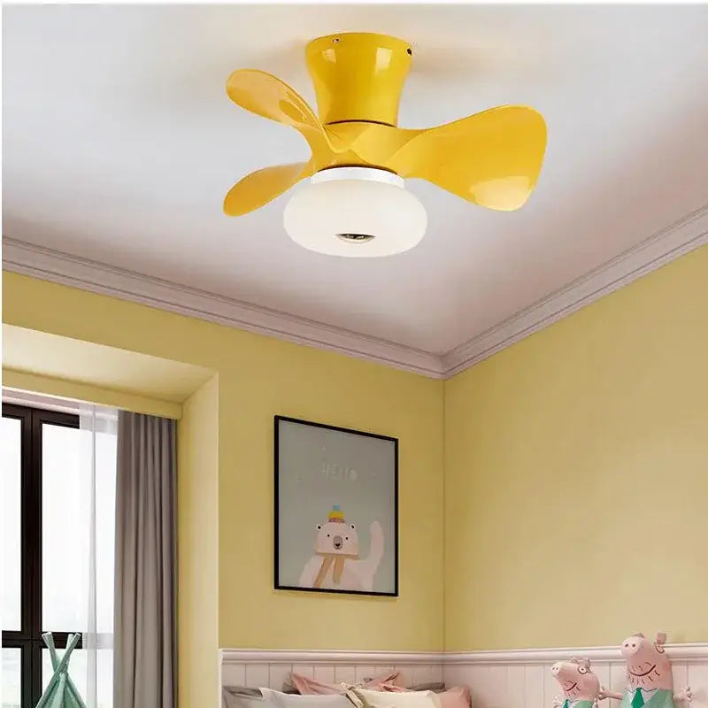 Bright yellow smart wood ceiling fan light with three curved blades and app dimming for living room use