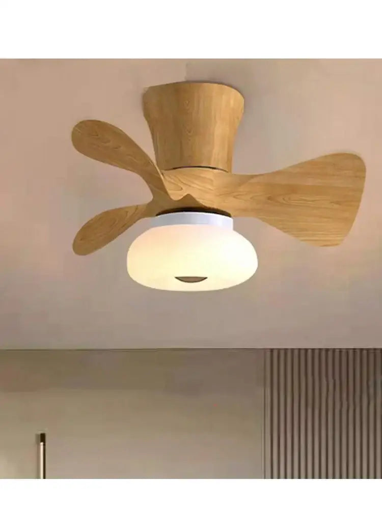 Smart wood ceiling fan light with light wood finish and integrated frosted glass fan light for living room use