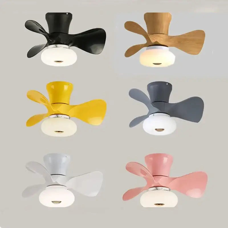Modern smart wood ceiling fan light with app dimming in black, wood, yellow, gray, white, and pink finishes for living room