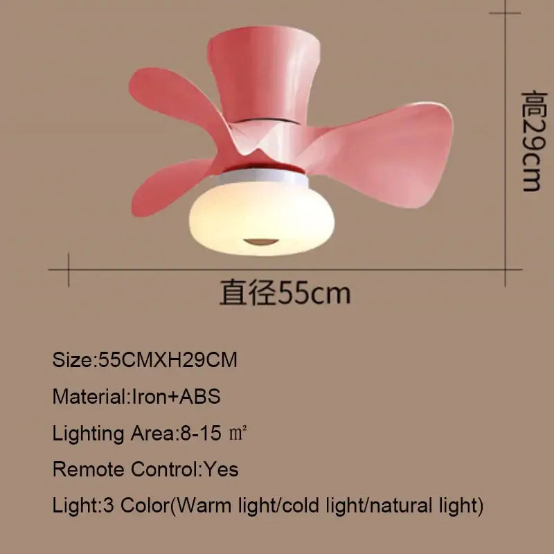 Pink smart wood ceiling fan light with four curved blades and frosted glass fixture for living room app dimming