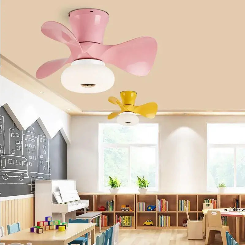 Smart wood ceiling fan light with app dimming featuring a pink glossy blade ceiling fan light for living room use