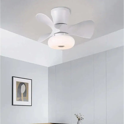 White smart wood ceiling fan light with integrated light fixture and app dimming for living room fan light