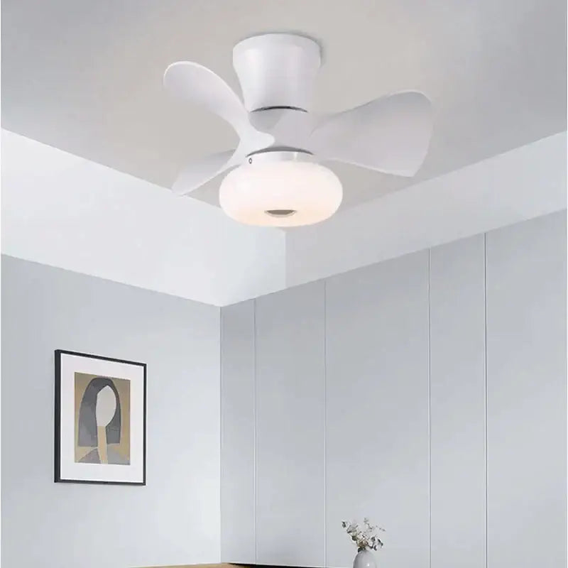 White smart wood ceiling fan light with integrated light fixture and app dimming for living room fan light