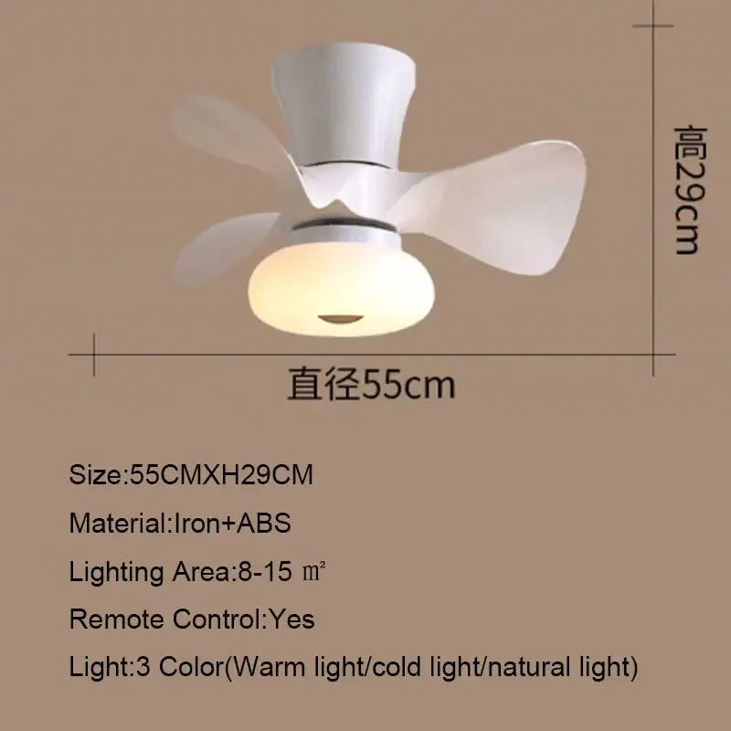 Smart wood ceiling fan light in white iron and abs plastic with app dimming for living room ceiling fan light