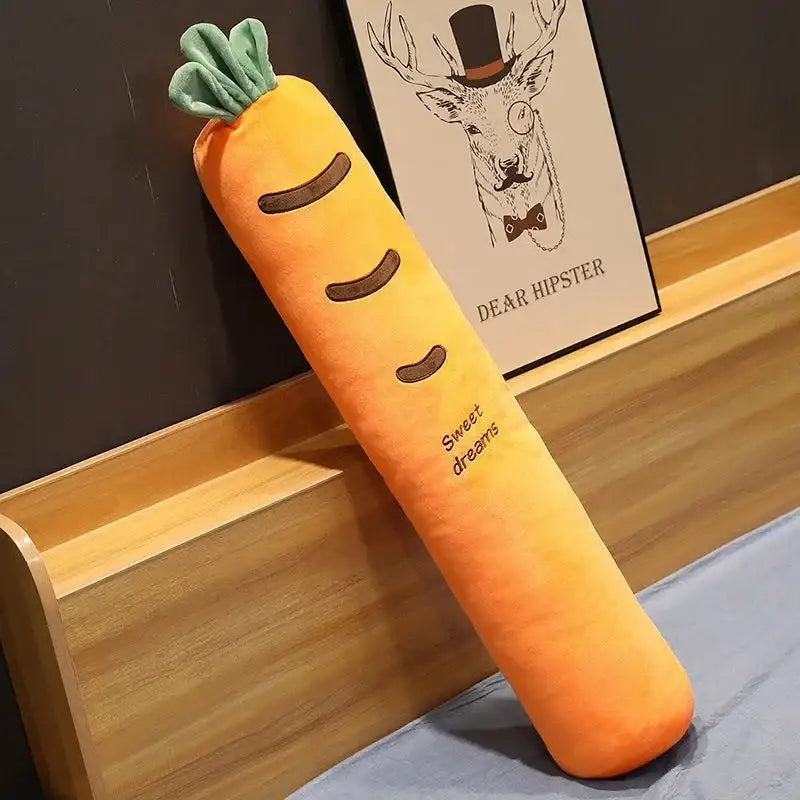 Smiling carrot orange and green decorbites cylindrical long pillow with plush fabric and sweet dreams embroidery for bedroom decor