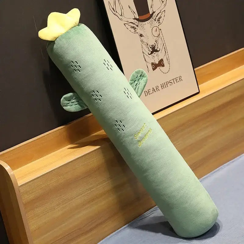 Soft mint-green plush cactus-shaped long pillow with yellow accents and embroidered details for decorbites cylindrical long pillow decor