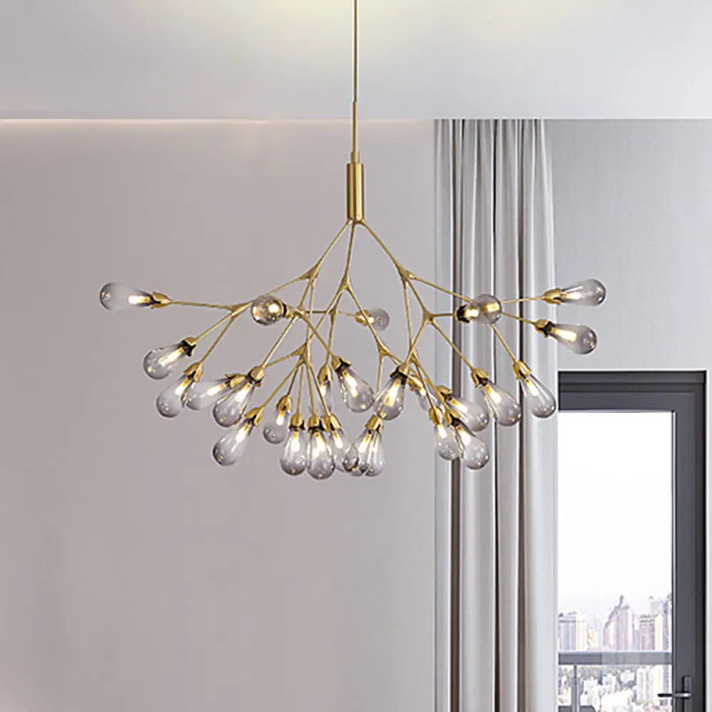 Lámpara de techo colgante contemporánea de 27 luces con forma de lágrima de cristal gris humo - Ideal para el salón.