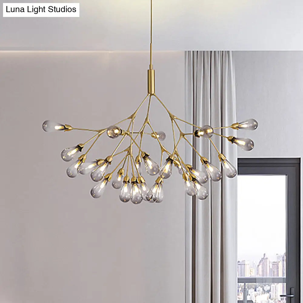 Lámpara de techo colgante contemporánea de 27 luces con forma de lágrima de cristal gris humo - Ideal para el salón.