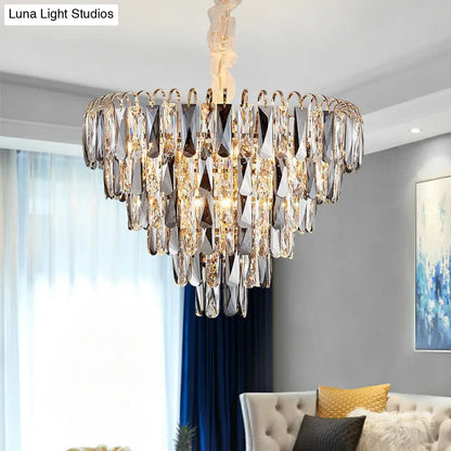 Smoke Grey Crystal Cone Pendant Chandelier - Minimalist Living Room Lamp