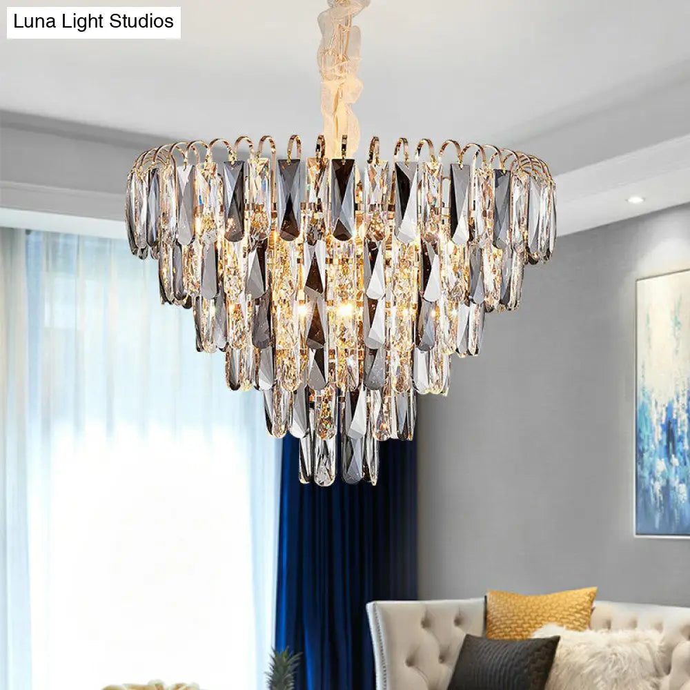 Smoke Grey Crystal Cone Pendant Chandelier - Minimalist Living Room Lamp