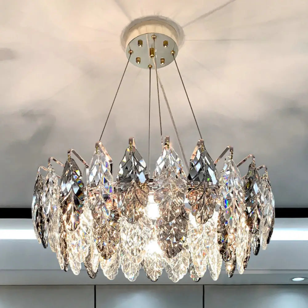 Smoke Grey Crystal Modern Drum Pendant Ceiling Light - Elegant Living Room Chandelier