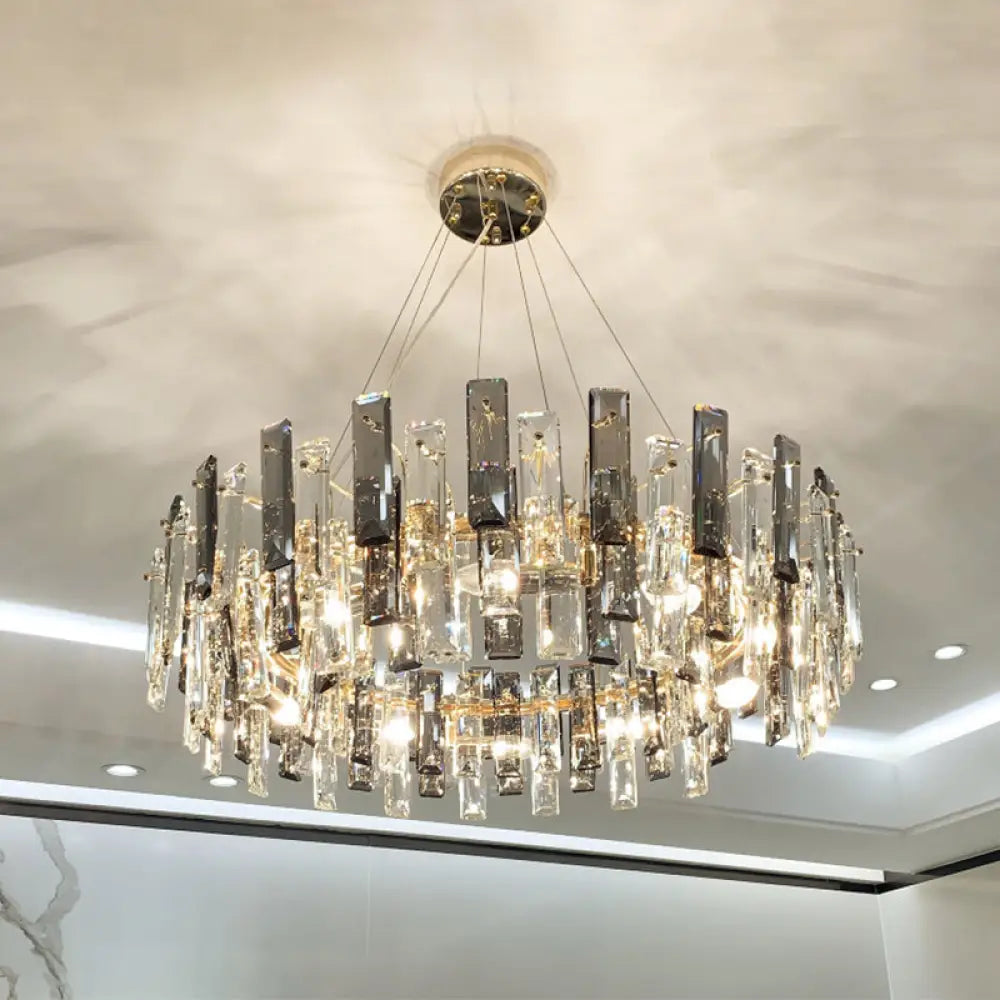 Smoke Grey Crystal Modern Drum Pendant Ceiling Light - Elegant Living Room Chandelier