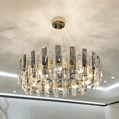 Smoke Grey Crystal Modern Drum Pendant Ceiling Light - Elegant Living Room Chandelier