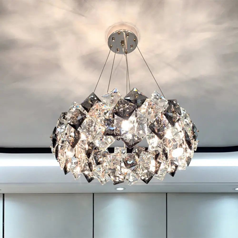 Smoke Grey Crystal Modern Drum Pendant Ceiling Light - Elegant Living Room Chandelier