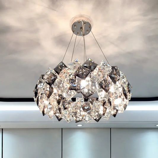 Smoke Grey Crystal Modern Drum Pendant Ceiling Light - Elegant Living Room Chandelier