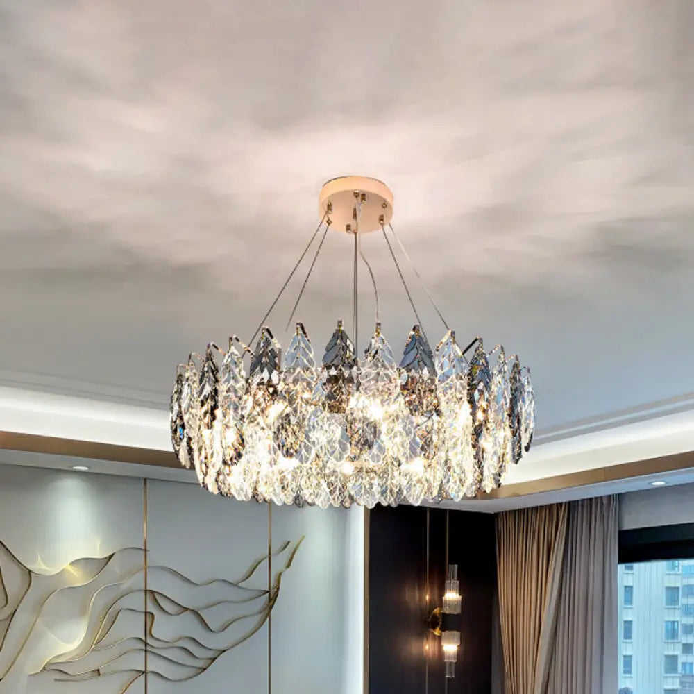 Smoke Grey Crystal Modern Drum Pendant Ceiling Light - Elegant Living Room Chandelier