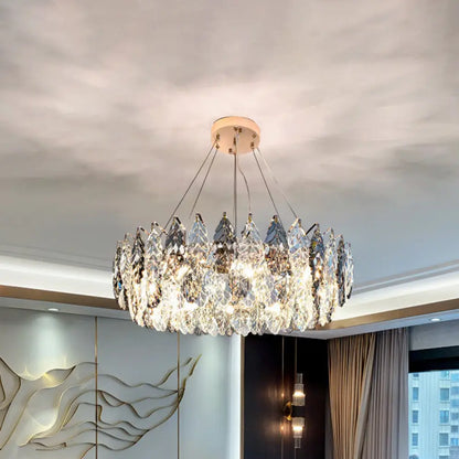 Smoke Grey Crystal Modern Drum Pendant Ceiling Light - Elegant Living Room Chandelier