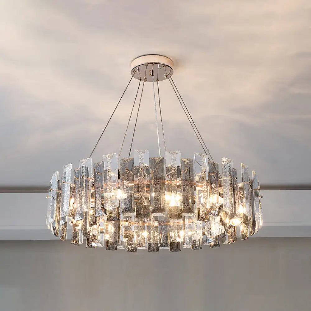 Smoke Grey Crystal Modern Drum Pendant Ceiling Light - Elegant Living Room Chandelier