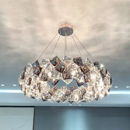 Smoke Grey Crystal Modern Drum Pendant Ceiling Light - Elegant Living Room Chandelier