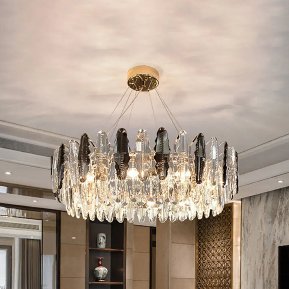 Smoke Grey Crystal Modern Drum Pendant Ceiling Light - Elegant Living Room Chandelier