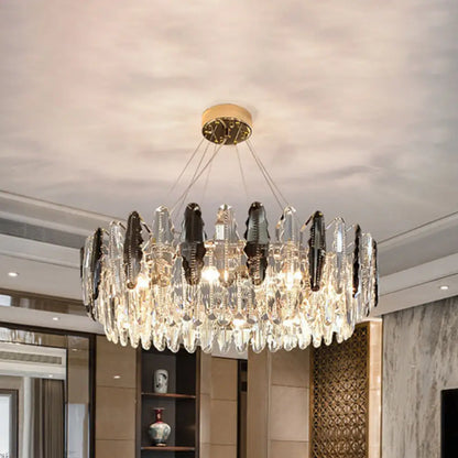 Smoke Grey Crystal Modern Drum Pendant Ceiling Light - Elegant Living Room Chandelier