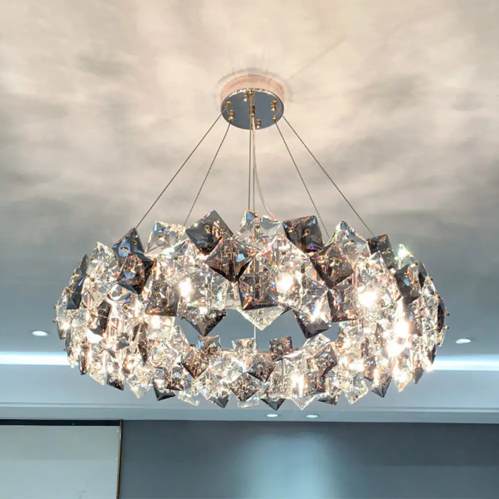 Smoke Grey Crystal Modern Drum Pendant Ceiling Light - Elegant Living Room Chandelier