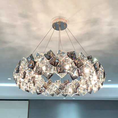 Smoke Grey Crystal Modern Drum Pendant Ceiling Light - Elegant Living Room Chandelier