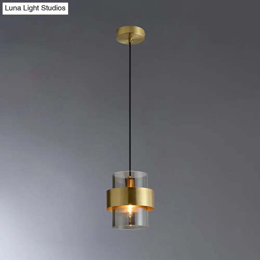 Smoke Grey Glass Cylinder Pendant Light - Brass Single Postmodern Bedroom Down Lighting