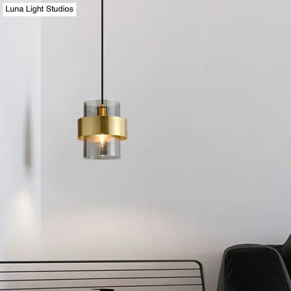 Smoke Grey Glass Cylinder Pendant Light - Brass Single Postmodern Bedroom Down Lighting