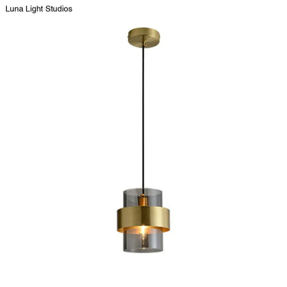 Smoke Grey Glass Cylinder Pendant Light - Brass Single Postmodern Bedroom Down Lighting