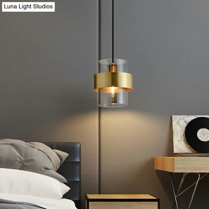 Smoke Grey Glass Cylinder Pendant Light - Brass Single Postmodern Bedroom Down Lighting