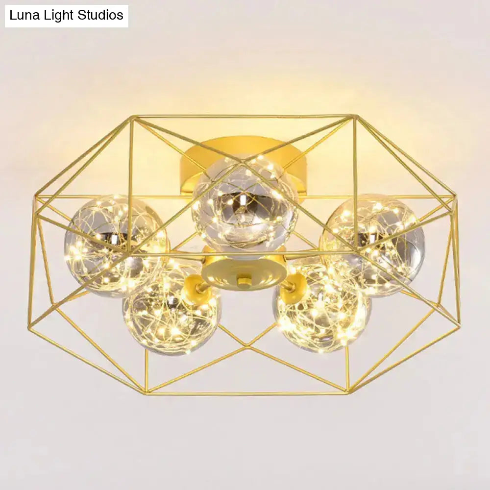 DecorBites™ DecorBites™ Smoke Grey Glass Orb Ceiling Light with Metal Hexagonal Cage - Simple 5-Head Gold Finish
