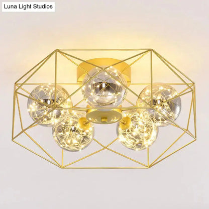 DecorBites™ DecorBites™ Smoke Grey Glass Orb Ceiling Light with Metal Hexagonal Cage - Simple 5-Head Gold Finish