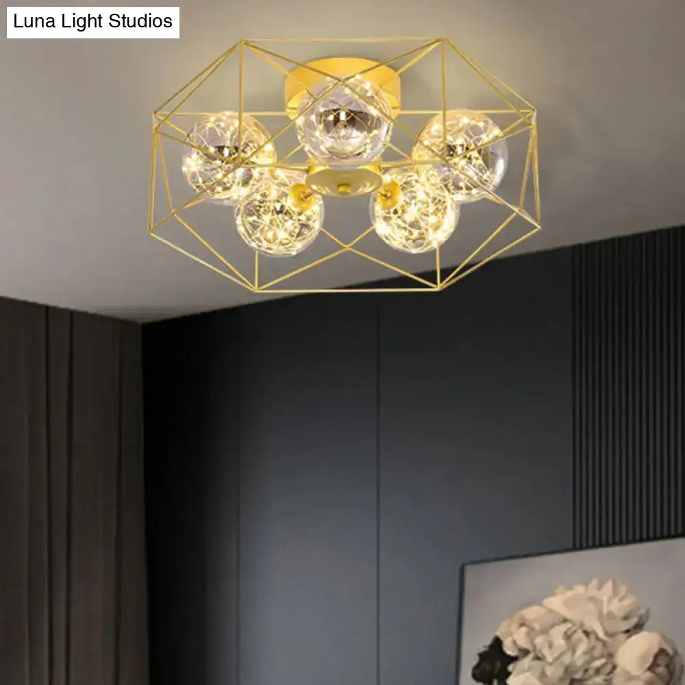 DecorBites™ DecorBites™ Smoke Grey Glass Orb Ceiling Light with Metal Hexagonal Cage - Simple 5-Head Gold Finish
